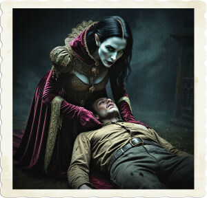 a dramatic, high-contrast, cinematic photograph of an ancient female vampire, with piercing green eyes, porcelain-like skin, and raven-black hair, dressed in intricately detailed, ornate, high-necked, long-sleeved, dark crimson velvet robes, adorned with gold accents, reminiscent of 1903 Atlantic Canada's Gothic Revival architecture, looming over a helpless male hunter, clothed in worn, earth-toned, cleric-inspired attire, with a gaunt expression, as she drains the lifeblood from his limp body, set against a dimly lit, mist-shrouded, eerie, misty, and mysterious atmosphere, evoking a sense of foreboding and ancient mysticism.