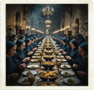 a cinematic photograph of a grand, dimly lit dining hall with rustic stone walls, where a sea of nuns and monks, dressed in traditional habits, sit in unison, their faces solemn and focused on their meals, their hands moving in synchrony as they eat, the long, wooden tables stretching out before them, laden with steaming dishes, candelabras, and ornate silverware, the atmosphere thick with the scent of incense and old books, the overall mood contemplative and serene, capturing the harmony and devotion of this sacred community in a single, fleeting moment.