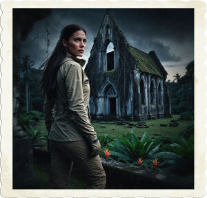 a cinematic photograph of a woman with long, dark brown hair falling down her back and piercing grey eyes, gazing introspectively into the distance, standing near the desolate, crumbling ruins of a centuries-old stone church, overgrown with vines and moss, amidst the eerie, fading twilight atmosphere. She wears practical, earth-toned hiking attire, consisting of a lightweight jacket, breathable pants, and sturdy boots, suitable for trekking through the dense, vibrant tropical jungle that sprawls behind her, with its lush, emerald green foliage, exotic flowers, and towering trees that seem to stretch up to the gloomy, cloud-covered sky.
