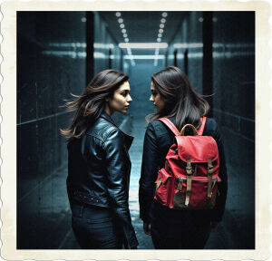 a dramatic, high-contrast, cinematic photograph of two young women with dark brown hair, walking side by side down a seemingly endless, dimly lit corridor, its walls and floor constructed from glossy black stone, with the woman on the left wearing a fitted, black leather jacket, and the woman on the right carrying a vibrant red backpack with worn straps, both women having a casual, relaxed stride, with a sense of depth and mystery in the atmosphere, captured with a shallow depth of field, emphasizing the subjects, and a subtle sense of motion blur, suggesting a dynamic, in-the-moment feel, shot from a low angle, looking up at the women, with the corridor disappearing into darkness in the distance.