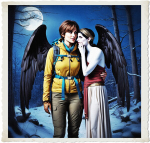 Photo-realistic image of a brunette of european in her thirties with large black wings wearing hiking clothes. A translucent woman of Greek descent, with pale skin and dead eyes, wearing roman garb is whispering into the ear of the brunette. They look as though they are having a conversation. Located deep in winter woods at night with the full moon hanging over the air.