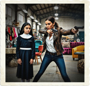 a cinematic photo of a young girl wearing a traditional nun's uniform with a serene expression and a brunette woman wearing fitted jeans, a crisp white shirt, and a worn leather jacket, grabbing and firing off guns at targets in a dynamic pose, located in a massive warehouse-like space filled with an assortment of weapons, sparkling jewelry, trendy clothing, and eclectic furniture, with the girl's nun uniform a stark contrast to the surroundings, and the brunette's leather jacket adding an edgy touch, photography with a mix of warm and cool tones, and a sense of action and movement.