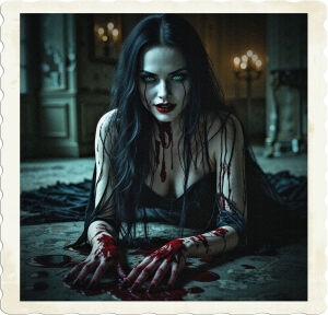 A dramatic, high-contrast cinematic photograph of a hauntingly beautiful vampire woman with long, dark black hair cascading down her back, piercing green eyes gleaming with an otherworldly intensity, and wearing a tattered, black, velvet evening gown, torn and stained with crimson bloodstains. Her porcelain-like skin is smeared with blood, with trickles running down her cheeks and chin, and her slender hands are also coated in a viscous, crimson film. She's positioned on the floor of a decrepit, once-luxurious hotel room, the surroundings a stark contrast to her dark beauty, with peeling wallpaper, shattered mirrors, and a faded, ornate carpet. The atmosphere is heavy with foreboding, the only light source a faint, flickering glow emanating from a lone, candelabra in the distance, casting eerie shadows on the walls. Her enigmatic smile seems to suggest a dark secrets and forbidden knowledge, as if she's privy to some ancient, macabre truth.