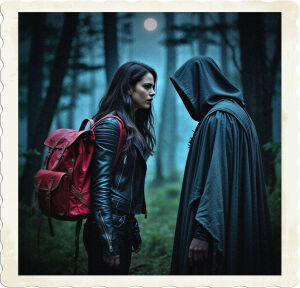 A low-key lit, cinematic photograph of a young woman with long, dark brown hair, wearing a black leather jacket with silver hardware, and a vibrant red backpack with worn straps, standing confidently in the midst of a dense, misty forest at night, her facial expression determined as she confronts a mysterious figure cloaked in a hooded, dark grey robe, its face obscured by shadows, the atmosphere tense with an air of disagreement, the woods surrounding them a blend of dark greens and blues, with the faint glow of moonlight peeking through the treetops, casting an eerie ambiance, the camera lens focused on the intense standoff between the two figures, with a shallow depth of field to emphasize the drama of the scene.