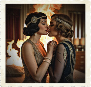 A flapper looking is nuzzling into the hand of another flapper as an inferno builds up around them. Located in an opulent art-deco bedroom, Clothing and styles appropriate for 1925 high class United States.