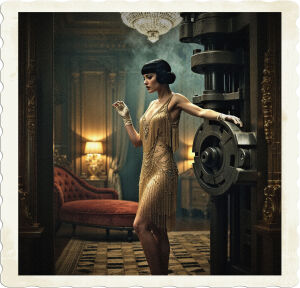 a cinematic, high-contrast photograph of a glamorous flapper, adorned with pearls and a beaded fringe dress, her porcelain skin and rosy lips accentuated by the soft glow of ornate, gold-toned lamps, standing against a lavish, velvet-draped backdrop in an opulent, art-deco styled boudoir, featuring intricate geometric patterns, and ornate mirrors, with a massive, industrial press, its cold, metallic surface a stark contrast to the luxurious surroundings, ominously trapping her delicate hand, the tension in her face palpable, her dark, bobbed hair framing her heart-shaped face, her bright, emerald green eyes filled with fear, the overall mood evoking a sense of suspense and intrigue, captured in a warm, muted color palette with gold and bronze accents, reminiscent of 1925 high-society America.