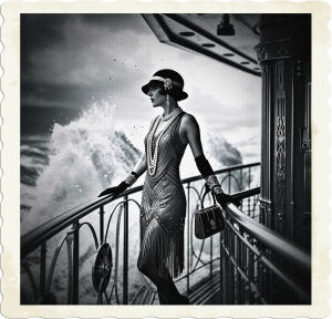 A dramatic, high-contrast, black-and-white cinematic photograph of a glamorous flapper, positioned at the railing of a luxurious ship's bridge, battling against the elements in heavy seas, with waves crashing and spray misting around her. The flapper, adorned with opulent 1925 high-society attire, including a intricate beaded fringe dress, a cloche hat, and pearl jewelry, stands poised, with one hand grasping the railing and the other holding a beaded handbag, conveying a sense of refinement and fearlessness. The Art Deco-inspired background features geometric patterns, metallic accents, and ornate details, evoking the lavishness of the Roaring Twenties. The atmosphere is tense and dynamic, capturing the intensity of the stormy weather, while the subject exudes elegance and sophistication, as if defying the turbulent surroundings.