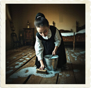 a cinematic photograph of a young girl, around 12-14 years old, with a solemn expression, wearing a traditional nun's habit, complete with a white coif and a long, flowing black robe, kneeling on the hardwood floor, intently scrubbing the worn planks with a worn wooden brush, surrounded by a small puddle of soapy water, and a ceramic soap dish nearby, set against the rustic backdrop of a dimly lit, early 20th-century bedroom, devoid of any windows, with rough-hewn, reddish-brown brick walls that seem to absorb the faint, diffused light, evoking a sense of quiet contemplation, shot in a warm, muted colors and soft focus, emphasizing the girl's dedication to her humble task.
