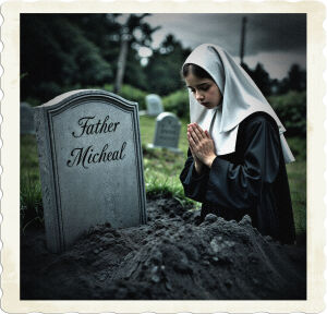 a moody, high-contrast, black and white photographic portrait of a young girl, around 12-14 years old, dressed in a traditional 1903 Atlantic Canadian nun's habit, complete with a white coif and black veil, standing solemnly beside a freshly dug grave, surrounded by lush greenery and overcast skies, with a weathered, grey granite tombstone bearing the inscription 'Father Micheal' in elegant, cursive script, the girl's hands clasped together in prayer, her pale skin and delicate facial features illuminated by a soft, diffused light, her brown eyes cast downward in reverence, as if mourning the loss of the departed father figure, the overall atmosphere exuding a sense of melancholy and reverence.
