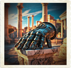 a dramatic, warm-lit, cinematic photograph of the ornate iron gauntlet of a ruthless tyrannical leader, resting on a intricately carved marble pedestal, against the backdrop of a pristine, sun-drenched Roman city, with ancient structures, towering columns, and sprawling arches, set amidst a clear blue sky with a few wispy clouds, the gauntlet's metallic surface reflecting the warm light, with fine details of rivets, bolts, and etchings, evoking a sense of power, domination, and oppression, with a shallow depth of field, blurring the cityscape, focusing the viewer's attention on the gauntlet.