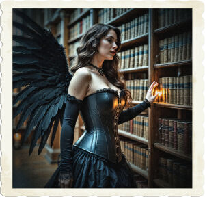Picture of a brunette wearing a black corset, skirt, and black feathered wings. She touches the spine of a book title ‘De Revolutionibus Orbium Coelestium,’ which starts to glow. Located in a large library full of feather backed tomes.