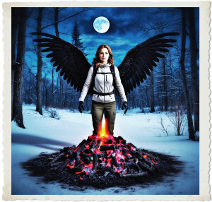 Photo-realistic image of a brunette in her thirties with large black wings wearing hiking clothes. She is standing thirty paces away from a body-sized pile of smoldering ashes, with no flames, glowing red, her eyes still glowing blue. Located deep in winter woods at night with the full moon hanging over the air.