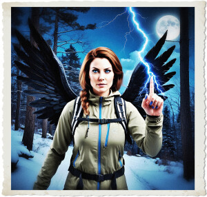 Photo-realistic image of a brunette with large black wings wearing hiking clothes. Her eyes glow blue, and a bolt of blue lightning shoots out from the tips of her fingers on her right hand, pointed at the camera. Located deep in winter woods at night with the full moon hanging over the air.