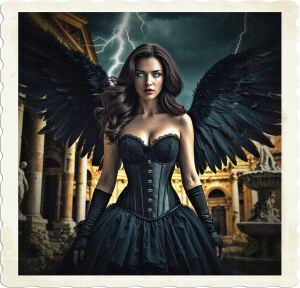 a dramatic, high-contrast, cinematic photograph of a beautiful brunette woman with luscious, dark brown hair, piercing grey eyes that glow with an ethereal blue light, wearing a fitted black corset adorned with intricate lace, a flowing black skirt with layers of tulle underneath, and magnificent, oversized black feathered wings that spread wide from her back, as if ready to take flight, set against a backdrop of a fierce, stormy night sky with flashes of lightning illuminating the ancient, ornate buildings of a pristine Roman city, with crumbling stone columns, ornate fountains, and meticulously crafted statues, bathed in a warm, golden light, evoking a sense of mystery and fantasy.