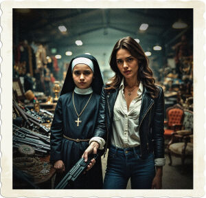 a cinematic photo of a young girl in a traditional nun's uniform with a serene expression and a brunette woman wearing fitted jeans, a crisp white shirt, and a black leather jacket, as she grasps a assortment of weapons, set amidst a vast dimly lit warehouse filled with an array of weapons, glittering jewelry, eclectic clothing, and antique furniture, with the nun and the brunette as the central focus, captured through a lens with a shallow depth of field, emphasizing the textures and tones of the scene, in a style reminiscent of a Hollywood action film, with muted earthy colors and a hint of golden light.