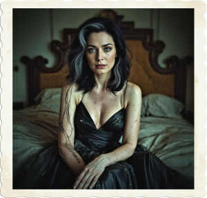 Woman with black hair and green eyes sitting wearing a high fashion gown that looks a bit dirty, there are streaks of grey in her hair and signs of wrinkles despite being in her early twenties. Located an ornate art-deco bedroom that looks unkempt.