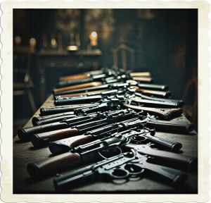 a cinematic photo of a dimly lit table covered in a variety of firearms including vintage tommy guns with worn wooden grips and antique derringers with intricate engravings, the weapons are arranged in a deliberate pattern, with some lying flat and others propped up against each other, the background is a blurred mix of dark shadows and soft lighting, with a slight film grain texture, the overall mood is one of nostalgia and grit, the photography style is reminiscent of classic film noir, with deep blacks and muted tones, the firewarms are the main focus of the image, with the surrounding environment subtly blurred to emphasize their importance.