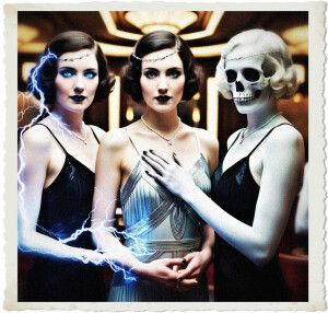 Portrait of triplets of Greek descent in their early twenties, representing different aspects of magic. The one on the left has a glowing blue eyes and electricity flows over her body like a tesla coil. The one int he center a silver hue to her skin. The one on the right is translucent, pale, with the faint impression of her skull visible through the skin. Located in a art deco club, wearing identical black flapper dresses.