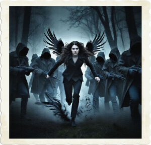 a dramatic, low-key, cinematic photograph of a young woman with long, curly dark brown hair and porcelain skin, sporting large, velvety black feathers sprouting from her back, resembling wings, as she sprints through a group of six to eight hooded, armed men clad in dark trench coats, their faces obscured by shadows, in the midst of a mystical, moonless, and intensely foggy dark woods at night, with fog wisps swirling around her legs and the hooded figures, capturing the feeling of dynamic motion, with the blur of trees, mist, and the men's coats streaking behind her, as if time itself is warping around her, with the overall mood and lighting evoking a sense of urgency, danger, and mystique.
