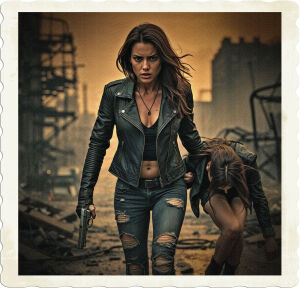a gritty, cinematic photograph of a strong-jawed brunette with deep brown eyes, wearing a black leather jacket, ripped jeans, and scuffed up motorcycle boots, holding a worn, silver pistol in her right hand while pulling an unconscious, similarly dressed brunette by the arm, her limbs limp and lifeless, through a desolate, post-apocalyptic cityscape with crumbling buildings, twisted metal, and debris-strewn streets, set against a haunting, thick orange fog that engulfs the entire sky, with hints of dark grays and ash undertones, casting an ominous, apocalyptic glow on the entire scene, captured in a wide-angle shot with a shallow depth of field, focusing on the intensity of the leading brunette's expression, her eyes filled with a mix of determination and desperation, her skin kissed with a warm, golden undertone, amidst the eerie, devastated atmosphere.