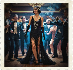 Flapper with a black loose-fitting gown that managed to show plenty of leg. The headband, pearl accoutrements, and use of feathers were all tied to the Roaring Twenties Men and women were having the time of their lives on the dance floor. There was even a twenty-man band complete with a sultry signer crooning into a microphone. Located in an opulent art-deco club with blue cigarette smoke filling the air, clothing and styles appropriate for 1925 high class United States.