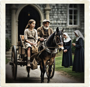 A young girl with an old farmer riding in a horse drawn wagon. Clothes are tatted, a small bag with her. They are entering a courtyard to a convent, with two old nuns waiting for hem. Clothing and style appropriate for 1903 Atlantic Canada.