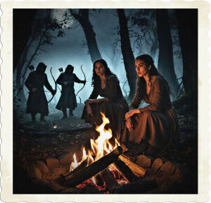 A misty, moonlit night deep in the woods, where two women, dressed in earth-toned clothing, sit vigilant by a crackling campfire, its warm glow casting an eerie light on their determined faces, their skin illuminated to a warm golden brown, their eyes fixed on the shadows beyond the firelight. Several men, clad in dark, ominous uniforms, their faces obscured by the shadows, approach stealthily, crossbows at the ready, their movements eerily silent amidst the rustling of leaves and snapping of twigs. The forest air is thick with tension as the women's hands rest on the hilts of their own weapons, their bodies tense, prepared for a confrontation. The camera captures the scene in a cinematic, sweeping gaze, the focus sharp on the central drama, the forest darkness looming ominously in the background, with hints of mist and fog curling around the trunks of ancient trees.
