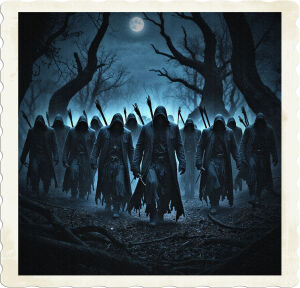 A moody, high-contrast, cinematic photograph of a dozen menacing men, clad in dark, tattered clothing, emerging from the blackness of a misty, moonless night in a foreboding forest, their faces obscured by the shadows, their crowbows drawn and at the ready, the only sound being the soft crunch of leaves and twigs beneath their slow, deliberate steps, the camera positioned at a low angle, looking up at the ominous figures, capturing the eerie, unsettling atmosphere, with the dark, gnarled tree trunks and twisted branches looming in the background, illuminated only by flashes of faint, eerie blue moonlight filtering through the canopy above, the overall mood dark, ominous, and foreboding, with an air of impending doom.