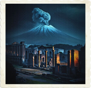A dramatic, low-lit photograph of the ancient city of Pompeii, with the looming silhouette of Mount Vesuvius in the background, its snow-capped peak shrouded in mist, as if exhaling a thick plume of ash and smoke, casting a dark, ominous shadow over the ruins, with crumbling stone buildings, overgrown with vines and moss, and the faint outlines of ancient streets and architecture, captured in a warm, golden light, with deep blues and grays dominating the palette, evoking a sense of foreboding and tragedy, as if the volcano's fury is about to be unleashed once more, with the camera positioned low, looking up at the volcano, emphasizing its towering presence, and the composition divided into thirds, with the city ruins occupying the lower left, the volcano dominating the upper right, and the sky a deep, ominous gradient.