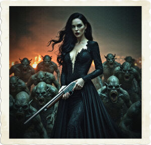 a dramatic, high-contrast, cinematic photo of a confident woman with raven-black hair cascading down her back, piercing green eyes, and porcelain skin, wearing a luxurious, long-sleeved, black high-fashion gown with intricate lace details and a flowing train, as she stands fearlessly amidst a horde of grotesque, post-apocalyptic creatures, clutching a sleek, metallic shotgun with both hands, its barrel gleaming in the faint light, her eyes fixed intently on the beasts, her full lips pressed into a determined line, set against a dark, ominous night sky with an eerie, orange-hued fog hanging low, illuminated only by the faint, flickering glow of distant flames, the creatures' twisted forms silhouetted against the misty backdrop, photography.