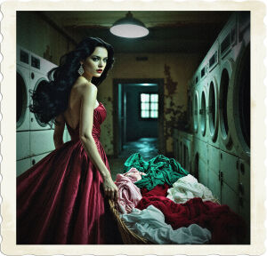 a cinematic, high-contrast photo of a woman with raven-black hair cascading down her back and piercing emerald green eyes, her porcelain skin flawless under the subtle glow of elegant makeup, wearing a lavish, flowing high-fashion gown in a rich jewel-toned color, perhaps emerald or sapphire, the delicate fabric draping beautifully across her slender figure as she confidently walks towards a dimly lit, rundown laundry room, the worn, outdated machines a stark contrast to her refined beauty, the warm glow of a solitary overhead light casting dramatic shadows on the walls, and a sense of intrigue as she clutches a basket overflowing with a tangled mix of bright whites, deep reds, and soft pastels, the laundry itself a vibrant splash of color in an otherwise dull environment.