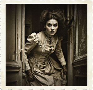 a dramatic, high-contrast cinematic photograph of a woman with piercing grey eyes and rich, dark brown hair disheveled and tumbling out of a worn, ornate confessional, set against a muted, earthy backdrop evoking the gritty, industrial atmosphere of a 1915 Canadian coastal mining town, her clothing a testament to the era: a long, flowing skirt and fitted bodice, adorned with intricate lace and ornate buttons, with a high-necked blouse and a fitted hat, styled in a manner reminiscent of the Edwardian era, with a sense of chaos and disorder, as if the very walls of the confessional are exhaling a deep, long-held secret, captured in a style reminiscent of early 20th-century cinematography, with deep shadows, soft focus, and a subtle, warm sepia tone.