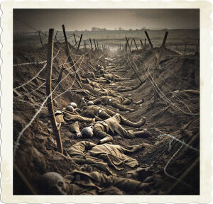 a dramatic cinematic photograph of a desolate Scene during the Great War with no man's land littered with the dead bodies of soldiers, barbed wire, and destroyed trenches, capturing the harsh realities of war, in a muted color palette with shades of gray, brown, and beige, with a focus on the bleak landscape and the devastating consequences of war, the photography style is realistic and haunting, with a wide-angle shot to convey the vastness and emptiness of the battlefield.