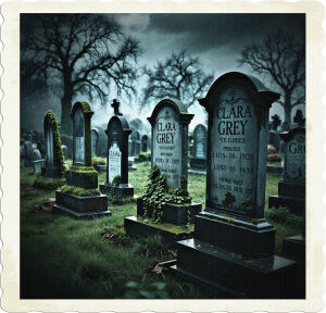a cinematic photo of a dark and eerie graveyard filled with old worn tombstones, each one bearing the name Clara Grey in a faded yet elegant font, with different dates of birth and death etched below, the tombstones are of varying sizes and shapes, some covered in moss and ivy, under a somber misty sky with bare trees looming in the background, the overall mood is melancholic and mysterious, captured through photography with a focus on dramatic lighting and intense shadows.