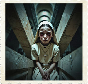 a dramatic, high-contrast, cinematic photograph of a young girl with a pale complexion, tear-stained face, and reddened eyes, sitting in the corner of intersecting marble-lined hallways, wearing a traditional, cream-colored nun's habit with a white wimple and a silver crucifix around her neck, surrounded by the eerie, labyrinthine atmosphere of a centuries-old monastery, with vaulted ceilings disappearing into the shadows, and a sense of isolation and despair permeating the scene, captured in a warm, muted color palette with deep shadows and soft, diffused light, emphasizing the girl's vulnerability and emotional distress.