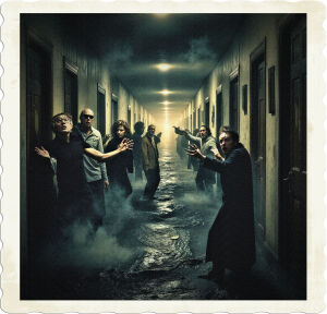 a cinematic photo of a long black hallway with dark shadows and faint mist, also a quagmire of temporal pockets and eddies, where people with distressed facial expressions and varying skin tones, including some with unique attributes such as glasses or hats, are getting lost, trapped, and disoriented, with some reaching out for guidance, others looking at old clocks and worn pocket watches, amidst a surreal and dreamlike atmosphere, captured through photography with a mix of warm and cool tones, and a sense of depth and texture, with the hallway stretching out into the distance, lined with old doors and flickering fluorescent lights.