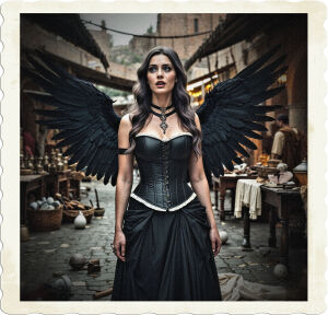 Brunette with grey eyes, black corset and skirt, and large black feathered wings is looking speaks normally but her voice causes everything to shake. Located in a pristine Roman era open-air bazaar and accoutrements, items have fallen off tables, rolling around.