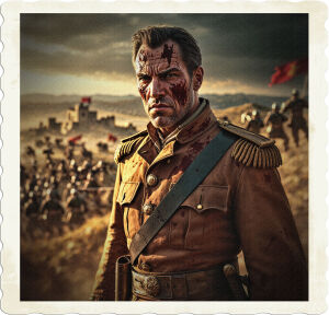 a cinematic photo of a bloodthirsty general with a rugged, weathered face, sharp facial features, and a stern expression, standing atop a hill with a panoramic view of a chaotic and horrific battle scene unfolding below, with soldiers clashing in the distance, the general's skin is pale with a hint of dirt and sweat, wearing a worn, earth-toned military uniform with gold accents, a wide belt around his waist, and a sword at his side, the atmosphere is tense and dramatic, with a warm, golden light casting a glow over the scene, the photography style is gritty and realistic, with a focus on capturing the intensity and brutality of war.