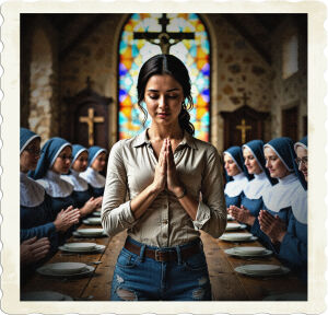 a cinematic, warmly lit photograph of a young brunette woman with a gentle, contemplative expression, her dark hair pulled back in a loose ponytail, wearing a fitted light beige shirt with a subtle V-neck and distressed denim jeans, her hands clasped together in prayer as she says grace at a long, rustic wooden table surrounded by six nuns, all with kind, serene faces, adorned in traditional white habits with blue sashes, their hands also clasped in prayer, situated in a grand, high-ceilinged dining hall with weathered stone walls, a large wooden crucifix mounted above the far wall, and a stunning stained-glass window filtering soft, kaleidoscopic colors into the room, with a sense of reverence and tranquility emanating from the scene.