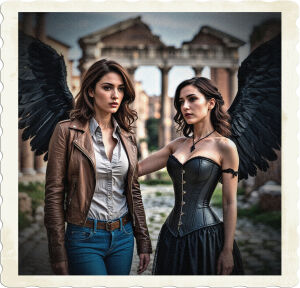 A brunette with brown eyes, blue jeans, leather jacket, and a light shirt stands frozen. Next to her is brunette with grey eyes, black corset and skirt, and large black feathered wings reaching out to the other. Located in a pristine Roman City.