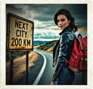 A moody, cinematic photograph capturing a modern, raven-haired young woman, with a subtle, enigmatic smile, wearing fitted blue jeans, a worn, dark brown leather jacket, and a vibrant, cherry-red backpack, slung casually over her right shoulder, as she strides purposefully along the desolate, winding road, her eyes fixed on the horizon, with a subtle, golden glow of warm sunlight casting a long shadow behind her, as she approaches a weathered, rectangular road sign, with bold, white lettering on a faded blue background, indicating that the next city lies 200 kilometers ahead, set against a backdrop of rolling hills, scattered with withered trees, and a vast, cloud-dotted sky, with a sense of nostalgia and freedom.