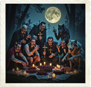 a cinematic photo of a picnic during the witching hour, featuring vampires with pale skin and sharp fangs, werewolves with thick fur and glowing eyes, and other creatures of the night, all gathered around a moonlit blanket, surrounded by twinkling candles and a buffet of blood-red delicacies, while in between them, nervous religious hunters with crosses and holy water, attempting to blend in, try to entertain the creatures with awkward smiles and fidgety hand gestures, set against a dark, misty forest backdrop with towering trees and a full moon hanging low in the sky, captured in a warm, golden photography style with deep shadows and vibrant, eerie colors.