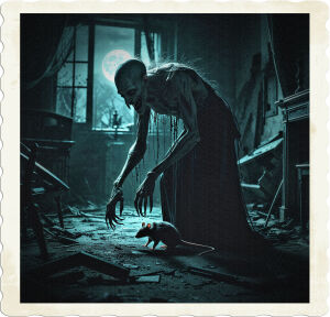 a dimly lit, cinematic photograph of a foreboding, nocturnal scene, where a gaunt, Nosferatu-inspired vampire, with long, spindly fingers, sunken eyes, and a grotesque, elongated face, lurks in the darkest recesses of a cramped, rundown room, cluttered with shattered furniture, torn curtains, and cobwebs, its attention fixed on a scurrying rat, the only source of sustenance in the desolate atmosphere, the shadows cast by the faint, flickering moonlight outside, eerily illuminating the vampire's decrepit form, as it prepares to pounce on its unsuspecting prey, capturing the haunting, melancholic essence of a creature doomed to eternal darkness.