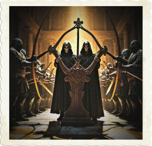 A dramatic, high-contrast cinematic photograph of two ominous, hooded figures, their faces obscured by the shadows of their hoods, with gaunt, pale skin and piercing eyes, standing back-to-back, manning a massive, intricately carved, wooden crossbow, adorned with metallic accents, with its thick, taut string pulled back, ready to fire, positioned in the center of a grand, high-ceilinged, dimly lit, marble-floored chamber, surrounded by a semicircle of heavily armed, intimidating foes, with swords, shields, and armor-clad bodies, all bathed in a warm, golden light, emanating from unseen sources, casting long, dramatic shadows across the floor and walls.
