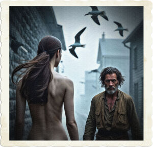 a misty dawn cinematic photo of a modern young brunette woman with smooth, porcelain skin and dark brown hair flowing down her back, viewed from behind, standing naked, her slender figure silhouetted against the grey stone walls of a coastal Canadian town in 1915, as she walks by a rugged, grizzled miner in worn, earth-toned clothing, his wrinkled face with a strong jawline and piercing brown eyes fixed straight ahead, oblivious to her presence, the atmosphere thick with the smell of sea salt and damp earth, the morning light casting long shadows across the wet cobblestone street, while seagulls cry out in the distance, photography.