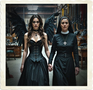 A brunette with steel-grey eyes, black skirt and corset, and large black feathered wings is walking beside a brunette in her forties wearing a nun's habit. Located in a massive space filled of weapons, jewelry, clothing, and furniture.