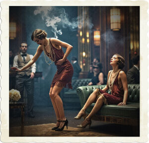 Flapper faints as she tries to stand up as another flapper looks on from a couch. Located in an opulent art-deco club with cigarette smoke filling the air, clothing and styles appropriate for 1925 high class United States.