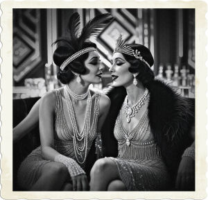 A cinematic, high-contrast, black-and-white photograph of two glamorous flappers, one with a feathered headband and a pearl necklace, the other with a diamond tiara and a fur-trimmed shawl, both lounging on a plush velvet couch, surrounded by ornate, geometric-patterned walls and gleaming chrome Art Deco accents, in a luxurious, smoke-filled nightclub, circa 1925, United States, with the air thick with cigarette smoke and the soft glow of crystal chandeliers, their fashionable, slender figures, adorned with intricate beading and fringe, leaning in, engaged in an intimate, gossipy conversation, their faces aglow with excitement, their skin a smooth, porcelain-like complexion, their dark eyeliner and Cupid's bow lips perfectly in place, amidst the opulence and excess of the Roaring Twenties.