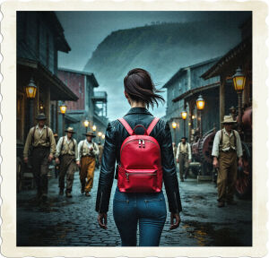 a gritty, high-contrast, cinematic photograph of a strong-jawed, modern brunette with piercing brown eyes, wearing a fitted, black leather jacket, faded blue jeans, and a vibrant, cherry-red backpack, walking down the worn, cobblestone main street of a small, rustic, coastal mining town during the early 1900s, surrounded by old, weathered buildings, worn wooden docks, and vintage, steam-powered machinery, while the townsfolk, clad in worn, earth-toned clothing, going about their daily business, seemingly oblivious to her presence, as if she's a ghost from the future, with the misty, grey-blue atmosphere of the coastal town softly illuminating the scene, and the only pops of color coming from the woman's bold, red backpack and the faint, golden glow of the old, gas lanterns that line the street.