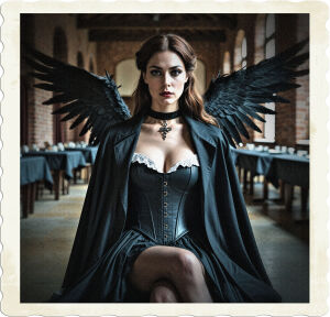 Picture of a brunette with steel grey eyes and large black feathered wings, wearing a nuns black skirt, plain open black coat, and a black lather corset instead of a shirt. She is seated at the head table on a platform. Located in a large dining hall with brick walls and long tables, and sparsely populated.